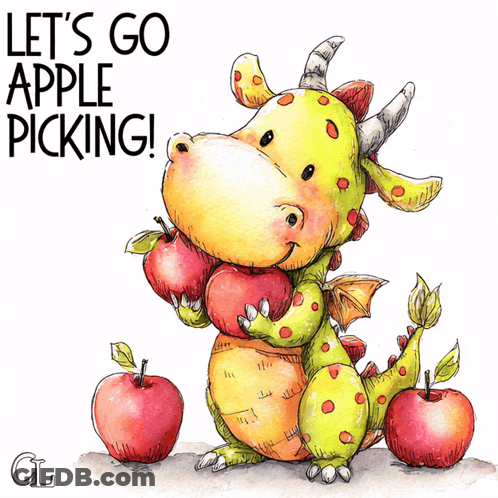 Dragon Holding Apples Saying Let's Go Apple Picking GIF