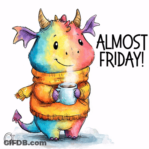 Dragon Holding Coffee Saying Almost Friday GIF