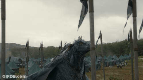 Dragon In Field With Tents And Flags GIF