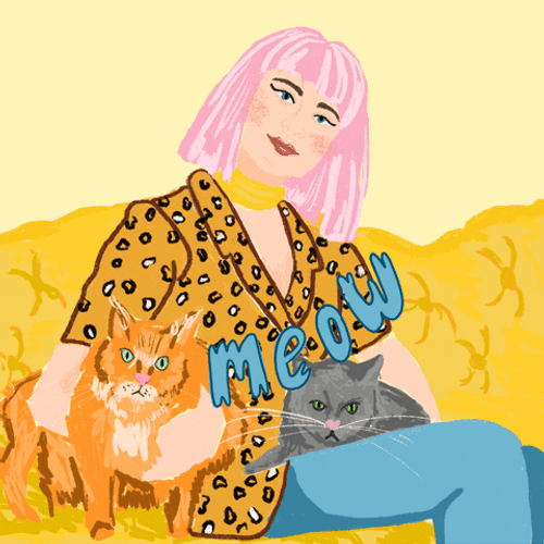 Drawing Of Cat Lady With Pets On Couch GIF