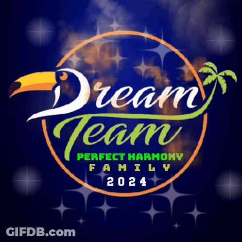 Dream Team Perfect Harmony Family 2024 Logo With A Toucan And Palm Trees GIF