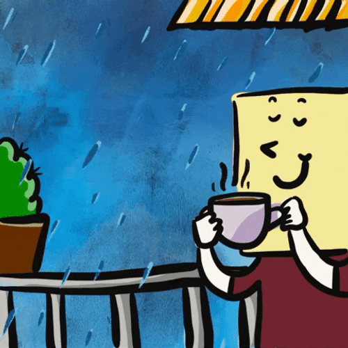 Drinking Steaming Coffee Under Monsoon Weather Animation GIF