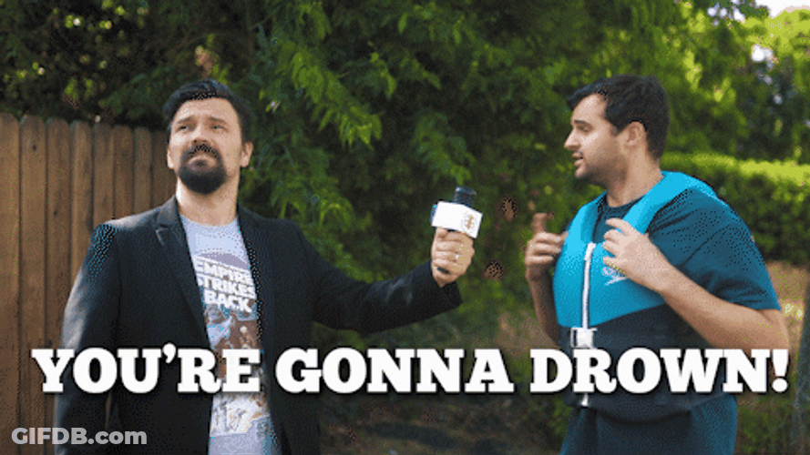 Drown Reporter Interviews Man Wearing Floater GIF