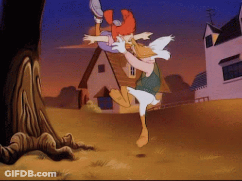 Duck And Girl In Field With House GIF