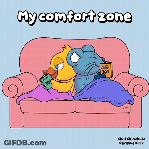 Duck And Mouse Sitting On Couch My Comfort Zone GIF