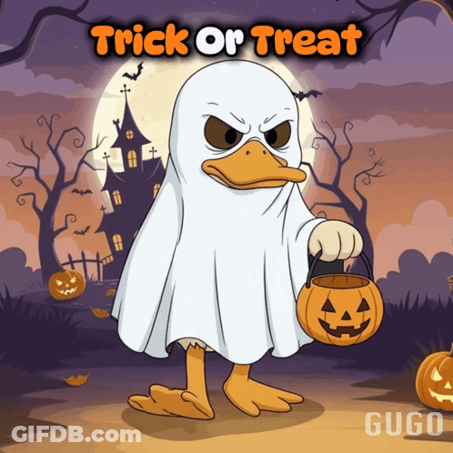 Duck Dressed As Ghost Holding Pumpkin Basket GIF