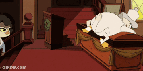 Duck Laying In Coffin With Staircase GIF