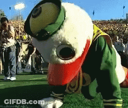 Duck Mascot Crawling On Grass GIF