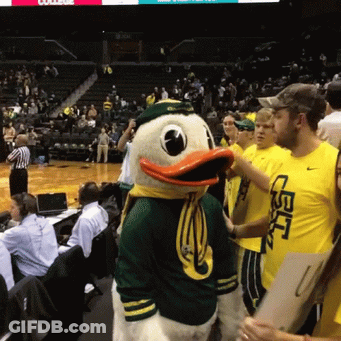Duck Mascot In Yellow UCSD Shirt In Front Of Crowd GIF