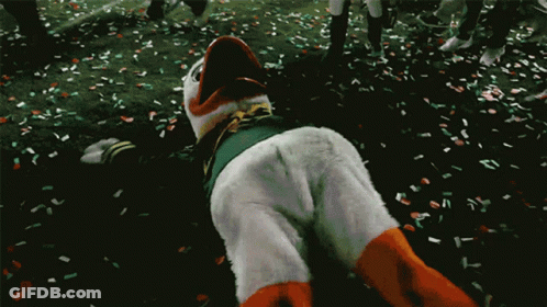 Duck Mascot Laying On Ground With Confetti GIF