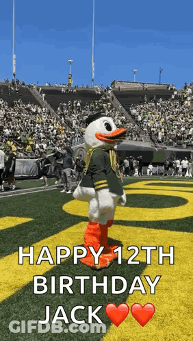 Duck Mascot Standing On Field Saying Happy 12Th Birthday Jack GIF
