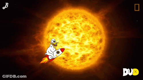 Duck Riding Rocket In Front Of Burning Sun GIF