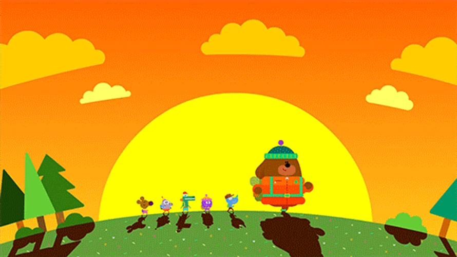Dugee And Friends Hiking Under Orange Sky GIF