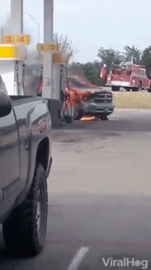 Dump Truck Is On Fire At Gas Station GIF