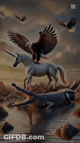 Eagle Riding Unicorn On Top Of Crocodile GIF