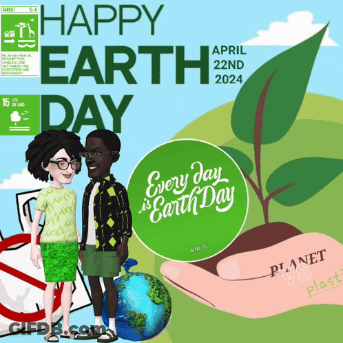 Earth Day Man And Woman Next To Globe GIF