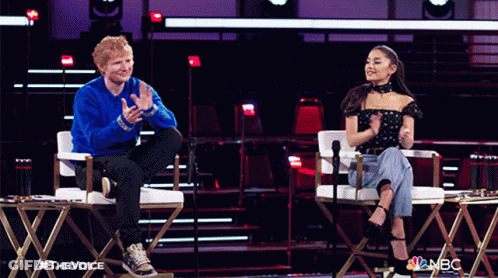 Ed Sheeran And Ariana Grande Are Sitting In Front Of Microphones On The Voice GIF
