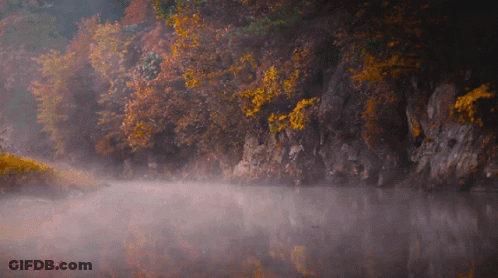 Edna 'S Art Shows A Foggy Lake Surrounded By Trees And Rocks GIF