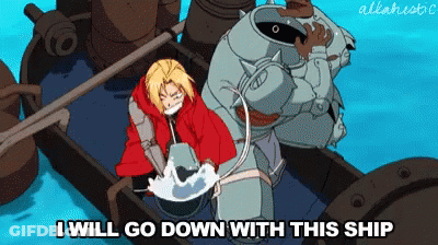 Edward And Alphonse From Fullmetal Alchemist Are Standing On A Boat In The Water . GIF