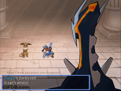 Eevee And Lucario Are In A Video Game Where Dialga Is Paralyzed It Can 'T Attack GIF