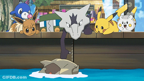 Eevee And Pikachu Looking Over Ledge At Water GIF