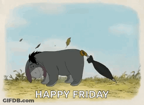 Eeyore Holding Umbrella In Wind Saying Happy Friday GIF