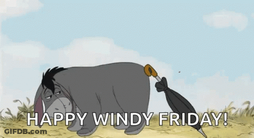 Eeyore Holding Umbrella In Wind Saying Happy Windy Friday GIF