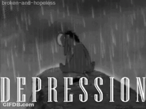 Eeyore Is Sitting On A Rock In The Rain With The Word Depression Written Below Him GIF
