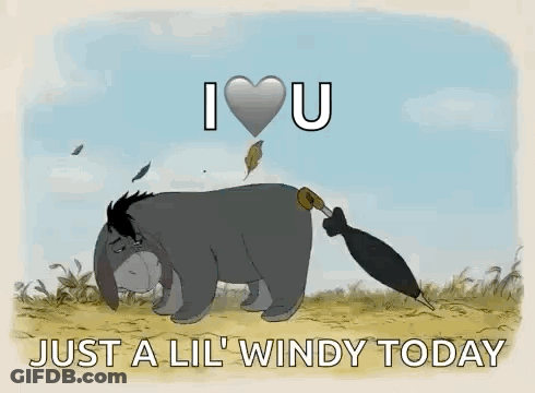 Eeyore Walking In Rain With Umbrella And Heart Balloon GIF