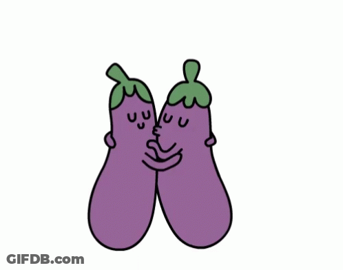 Eggplant Cartoon Characters Hugging GIF
