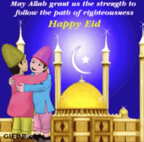 Eid Greeting Two Children Hugging Mosque GIF