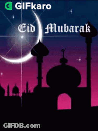 Eid Mubarak Card With Mosque And Crescent Moon GIF