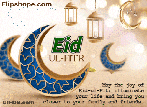 Eid Ul-Fitr Card With Blue Gold Crescent Moons And Lanterns GIF