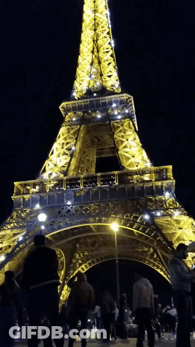 Eiffel Tower Lit Up At Night Surrounded By People GIF
