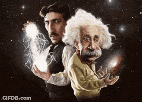 Einstein And Nikola Tesla Holding Lightning GIF