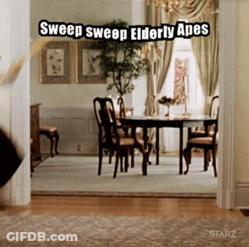 Elderly Apes Sweeping In Dining Room GIF