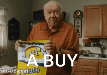 Elderly Man Holding Let's Buy Potato Chips GIF