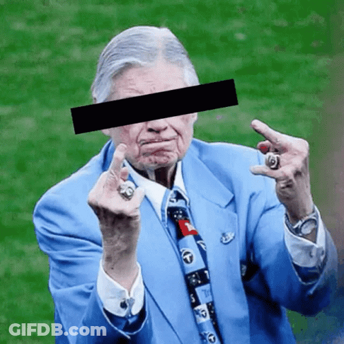 Elderly Man In Blue Suit And Tie With Rings GIF