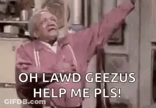 Elderly Man In Pink Jacket Shouting With Arms Outstretched In Kitchen GIF