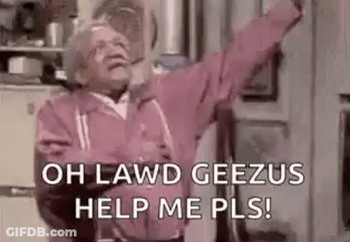 Elderly Man In Pink Jacket Shouting With Arms Outstretched In Kitchen GIF