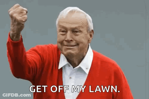 Elderly Man In Red Sweater Saying Get Off My Lawn GIF