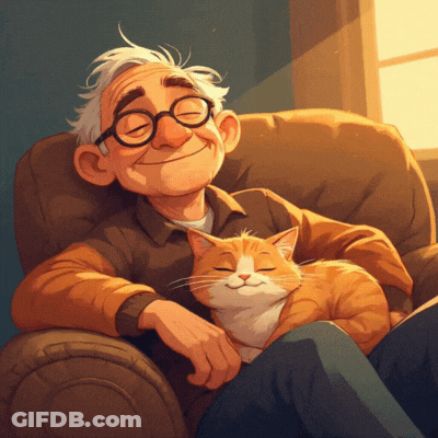 Elderly Man Sitting In Chair With Cat GIF