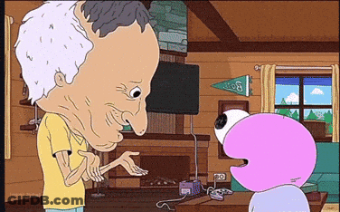 Elderly Man Talking To Pink Character With UCSB Pennant GIF