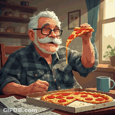 Elderly Man With Glasses Eating Pepperoni Pizza GIF