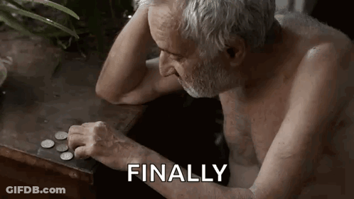 Elderly Man Without Shirt With Coins GIF