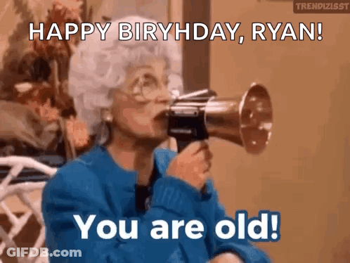 Elderly Woman Blowing Megaphone Saying Happy Birthday Ryan You Are Old GIF