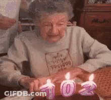 Elderly Woman Blowing Out Candles On Cake GIF