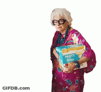Elderly Woman Holding Box Of Party Rita's GIF