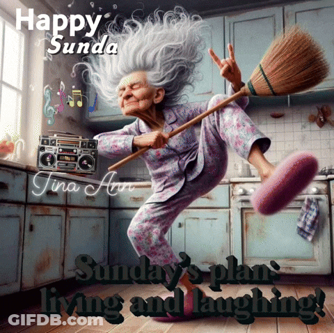 Elderly Woman Holding Broom Happy Sunday GIF