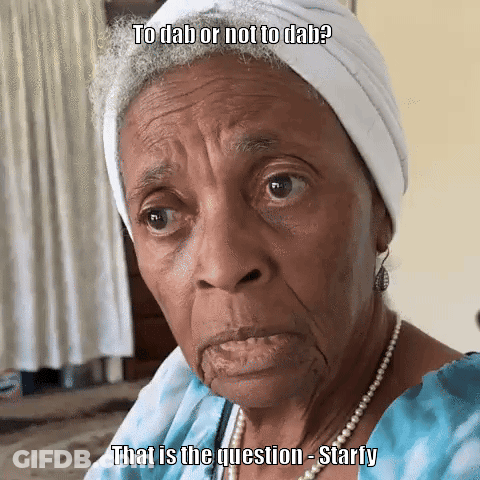 Elderly Woman In Blue Shirt And Pearls Says To Dab Or Not To Dab That Is The Question Starly GIF